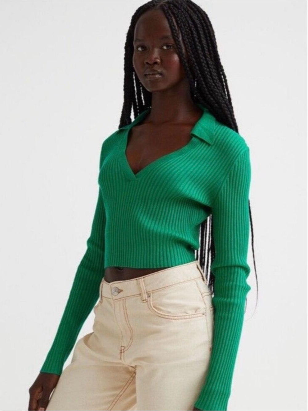 H&M Green Ribbed V-Neck Collared Long Sleeve knit Cropped Top size M